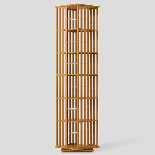 YOWOS Rotating Bookshelf Tower, 360 Display Spinning Bookcase, Bamboo Bookshelf Floor Standing Storage Rack, Wood Narrow Book Shelf Organizer for Kids&Adults, Walnut 6 Tier