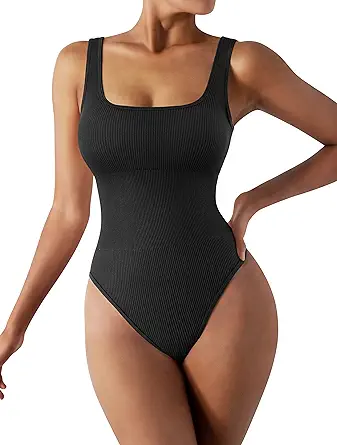 MOSHENGQI Women's Tank Ribbed Bodysuit Sexy Sleeveless Square Neck Bodysuit Top