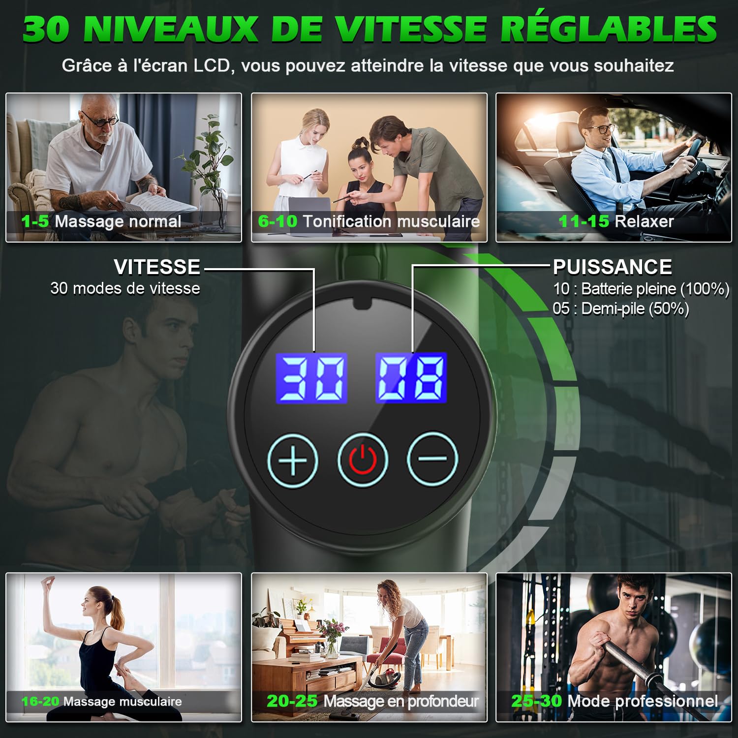 Pistolet de Massage Musculaire ALDOM Appareil de Masseur de Muscle Profond Avec 30 Niveaux Réglables 8 Têtes de Massage et l'Écran LCD Soulager Douleurs et Raideurs