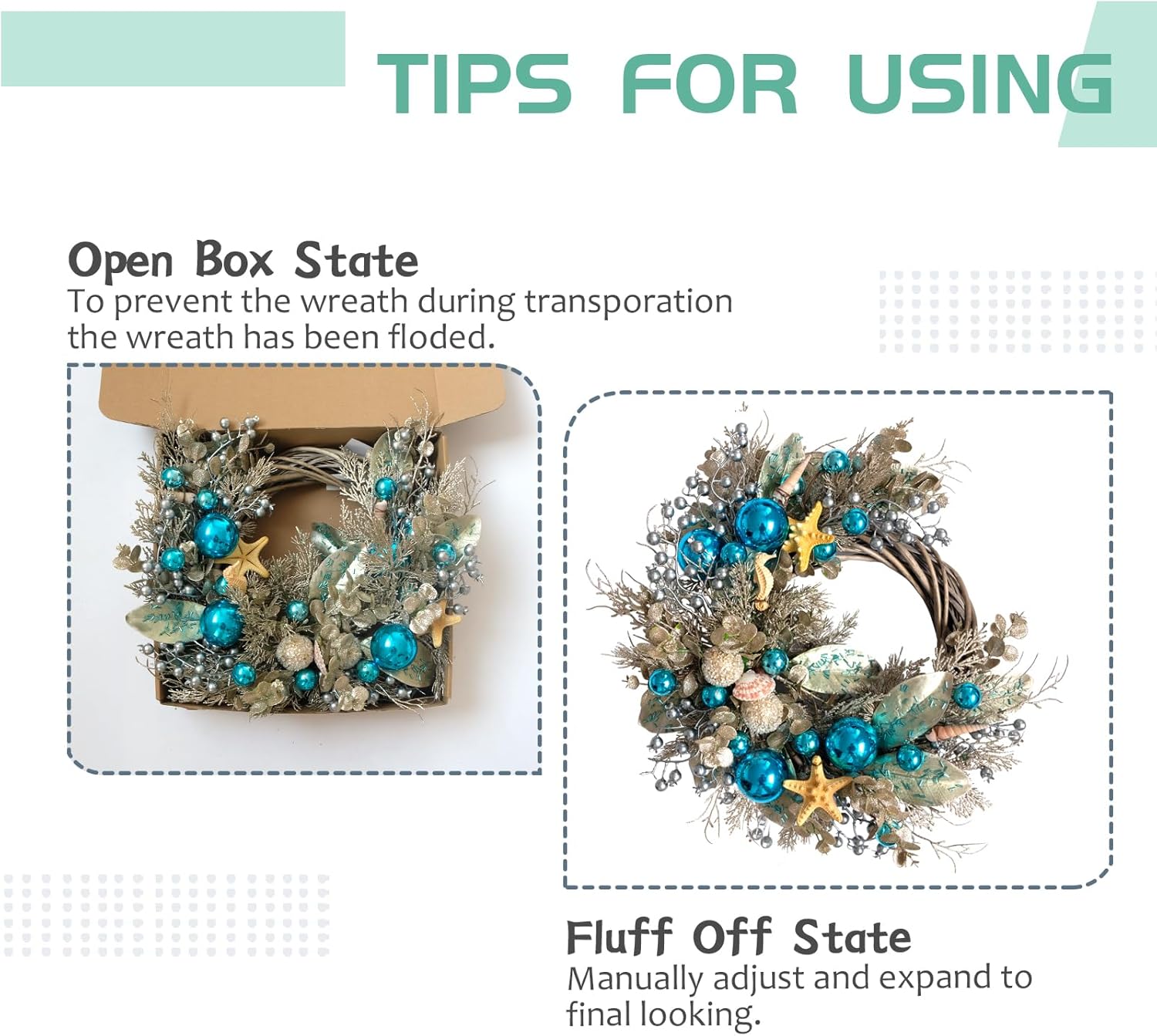 24 Inch Summer Costal Sea Blue Balls Seashell Wreath for Front Door, Vine Waved Base Glitter Champion Seahorse Wreath for Indoor Outdoor, Rustic Farmhouse Sea Costal Home Decor