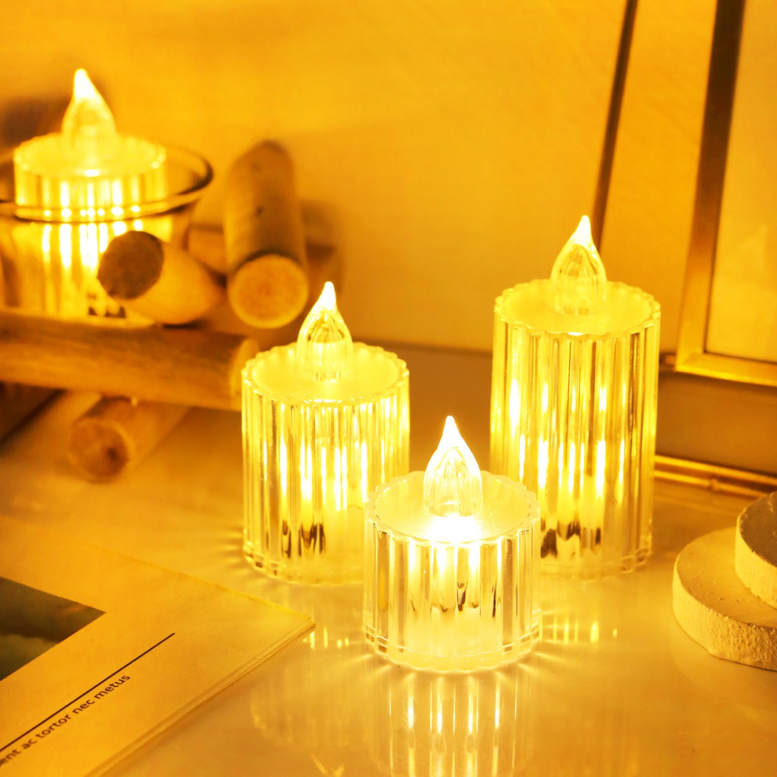 3Pack Battery Electric Tea Lights Candles, Ramadan Eid Flameless LED Tealight Fake Candle Battery Operated for Halloween Christmas Weddings Festivals Kareem Diwali Home Decorations in Warm Yellow