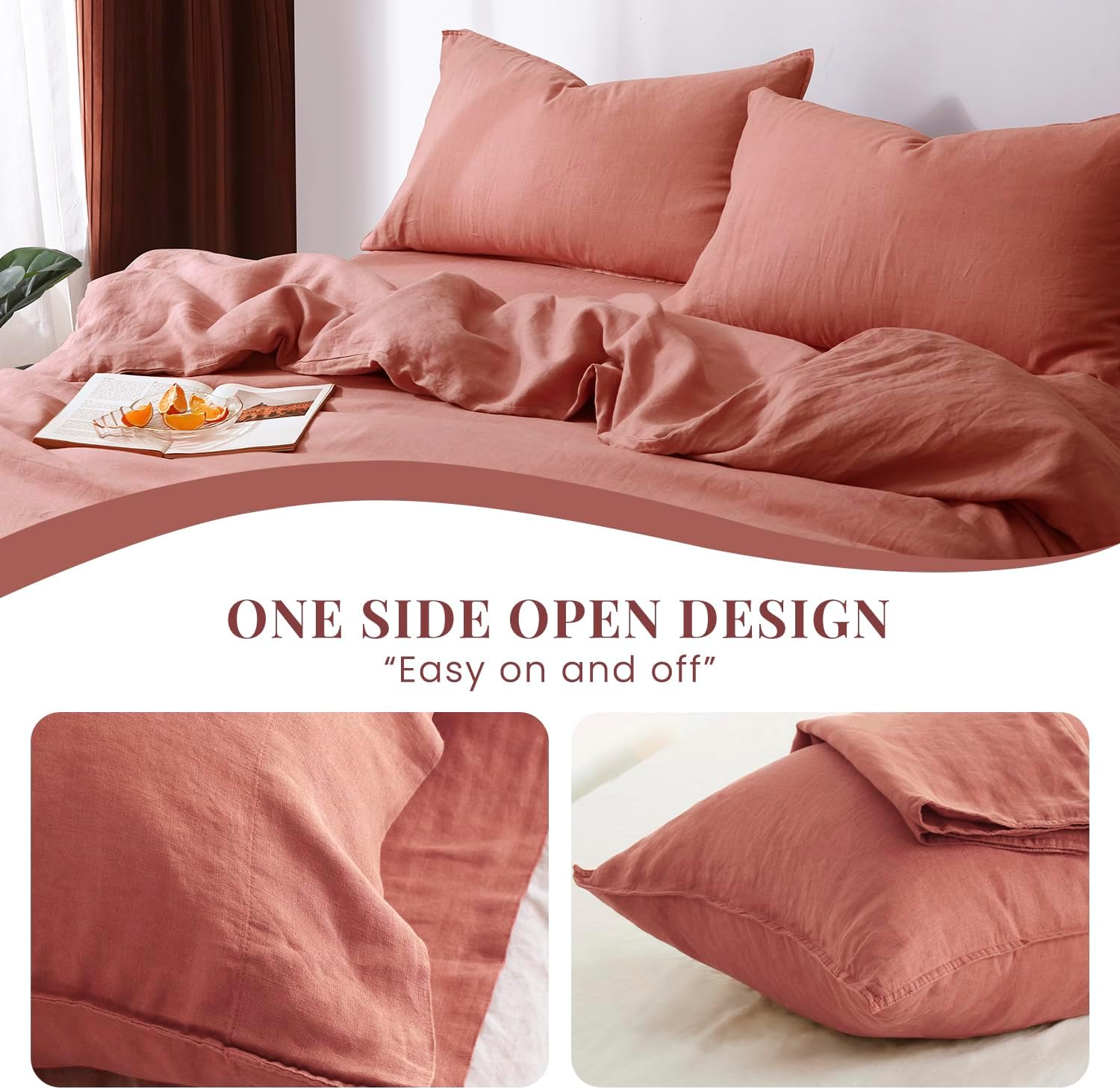 S VICTORY SYMBOL 100% Organic Linen Duvet Cover Set 3PCS King Size,Stone Washed Natural French Flax Bedding,1 Comforter Cover and 2 Pillowcases,Farmhouse Bedding Set(Clay)