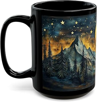 GyftWear Rustic Fall Decor Mountain and Trees Coffee Mug, PRINTED WOOD Panel Effect Carved Pine Tree Autumn Design 15oz Black Mug