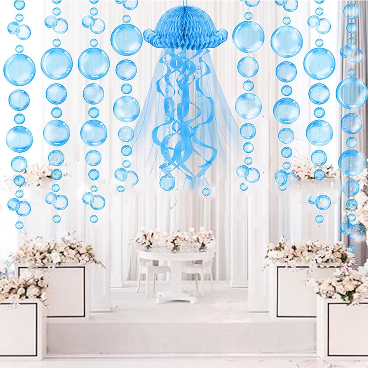 6pcs Transparent Blue Bubble Garlands Under The Sea Mermaid Party Decoration for Birthday Wedding Ocean Wall Decal Baby Shower Under Sea Festal Kid Room Photo Props Backdrop (Blue-6 Strings)