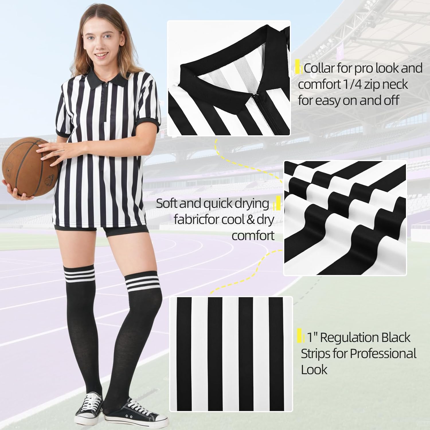 6Pcs Referee Shirt Womens Set Black & White Stripe Umpire Jersey, Halloween Referee Costume for Halloween Cosplay - Image 3