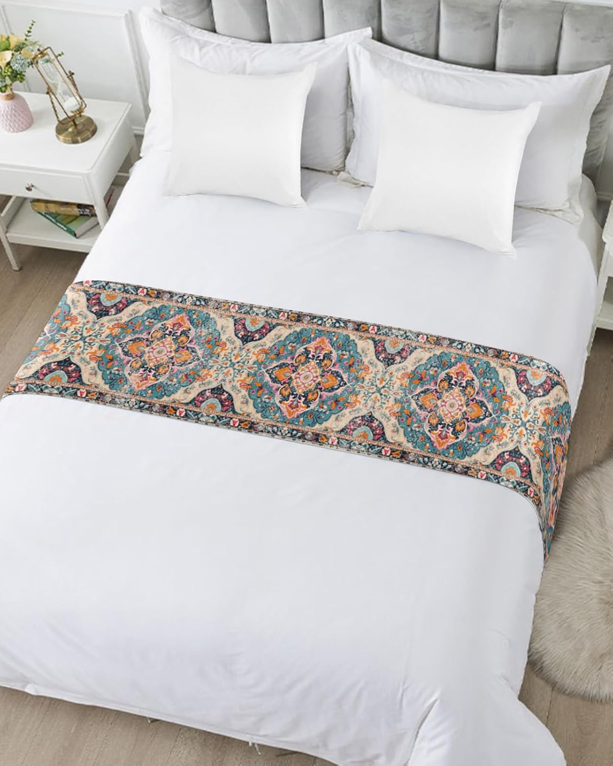 Bed Runner Scarf for Bed Foot Decor, Retro Wallpaper Mural Medieval Blue Texture Bed Flags Bed Scarves, Bedding Scarf Protector for Home Bedroom/Hotel/Wedding, 102"x20" for Cal King Bed