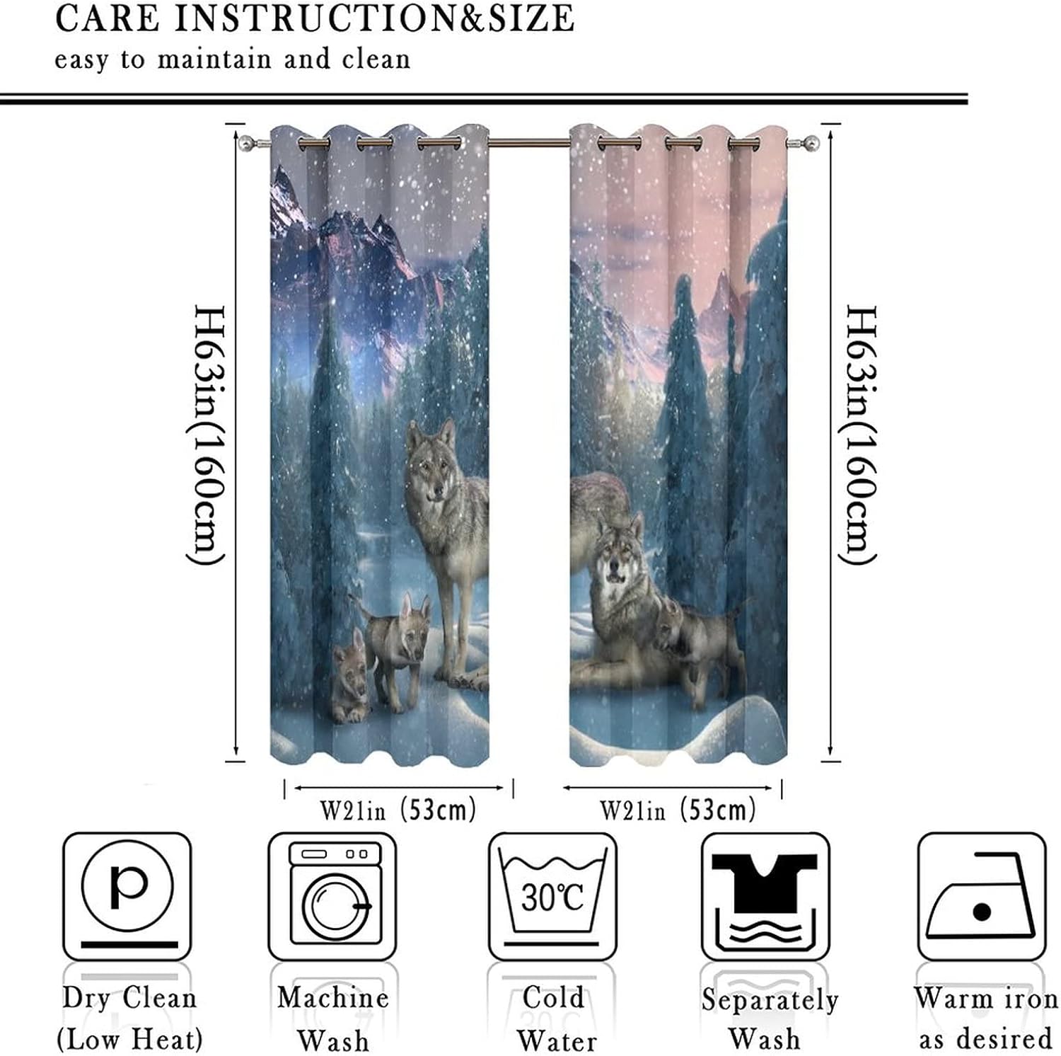 Winter Snow Wildlife Wolf Curtains for Bedroom - Abstract Forest Mountain Oil Painting Grey Wolves Family Window Treatment,Energy Saving Blackout Grommet Curtains 2 Panels 63L x 21W