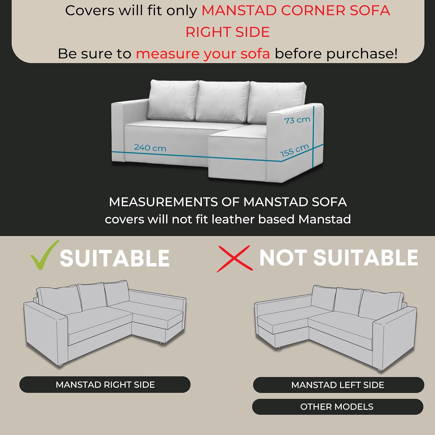 comfortly | Cover for Manstad Corner Sofa Bed Right, Replacement Slipcover, Heavy Duty 5 pcs Cover, Pets and Stain Proof, Easy to Clean & Replace (Cashmere Blends - Anthracite)