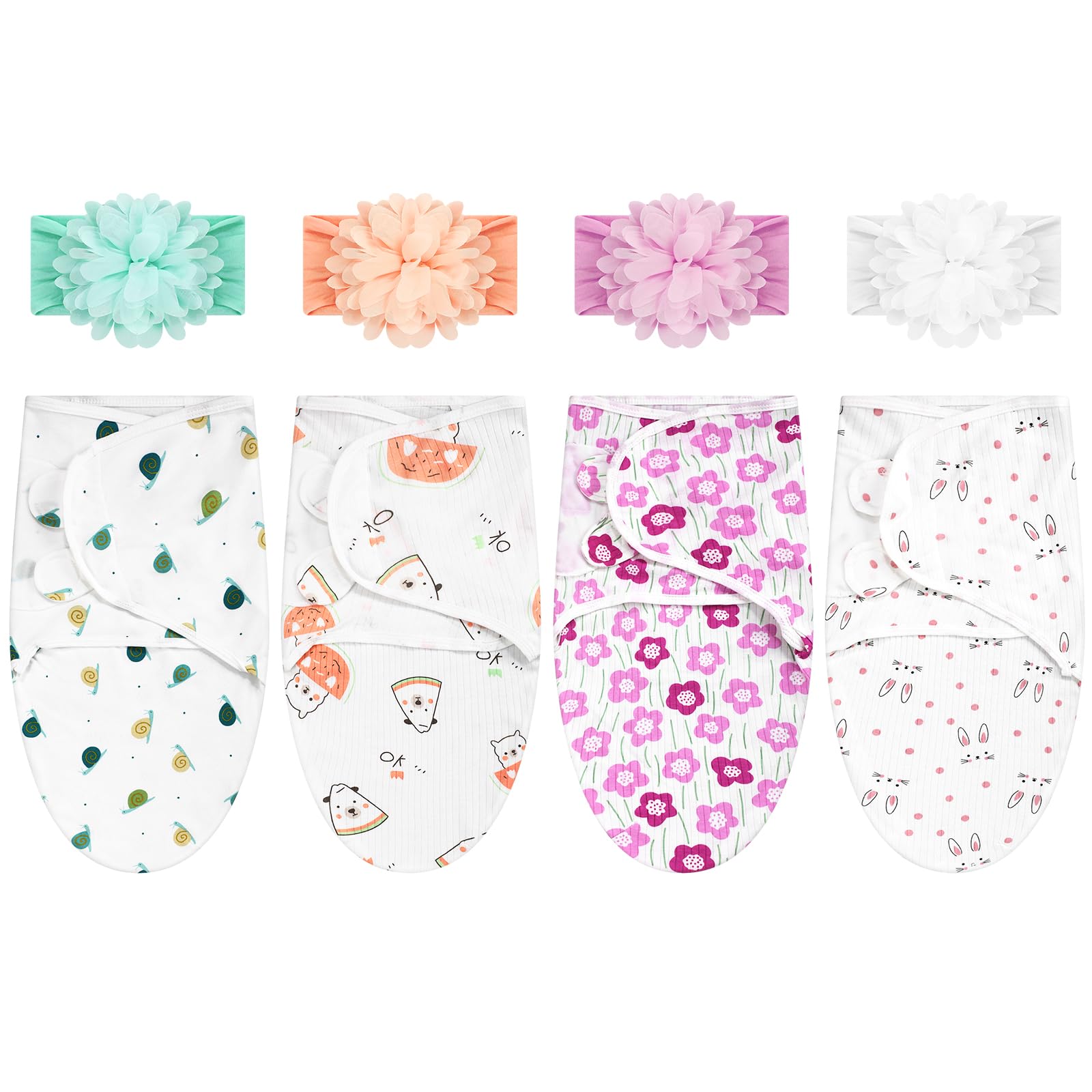 Bunnycool 4 Pack Newborn Preemie Swaddle with Headband Set Premature Swaddle Blanket Baby Clothes for Nicu Newborn Boys Girls(Preemie,Flower Style)