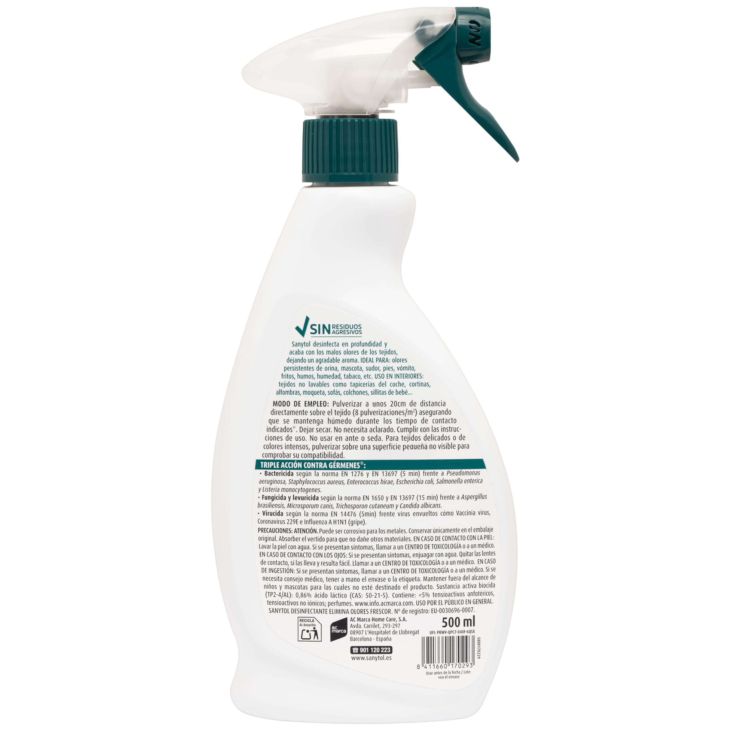 Sanytol – Spray Elimina Olores Desinfectante para Textiles, Elimina Malos Olores Persistentes y Neutraliza Alérgenos, Sin Lejía - Pack de 3 x 500 ml = 1,5L