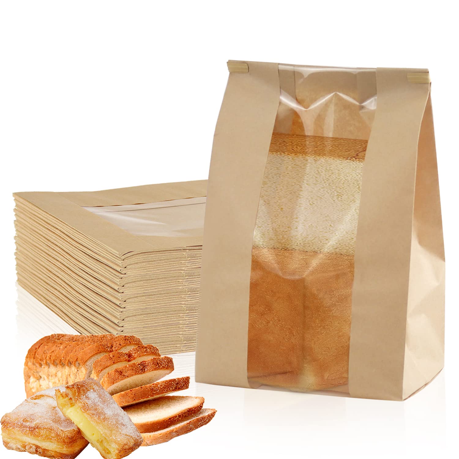 25 Sacchetti Di Carta Kraft Con Finestra 17x9x6 Cm - Per Pane, Biscotti, Caffè, Con Chiusura A Filo E Rivestimento Anti-olio