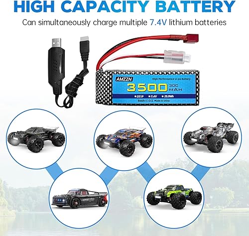 Miniatura 2 de AMZZN Batería Lipo de 7.4 V 3500 mAh 30C 2S con enchufe en T y cable de carga USB para MJX H16 H16P H16E H16GT H16BM H16DR H16PL 14301 RC Car Drift