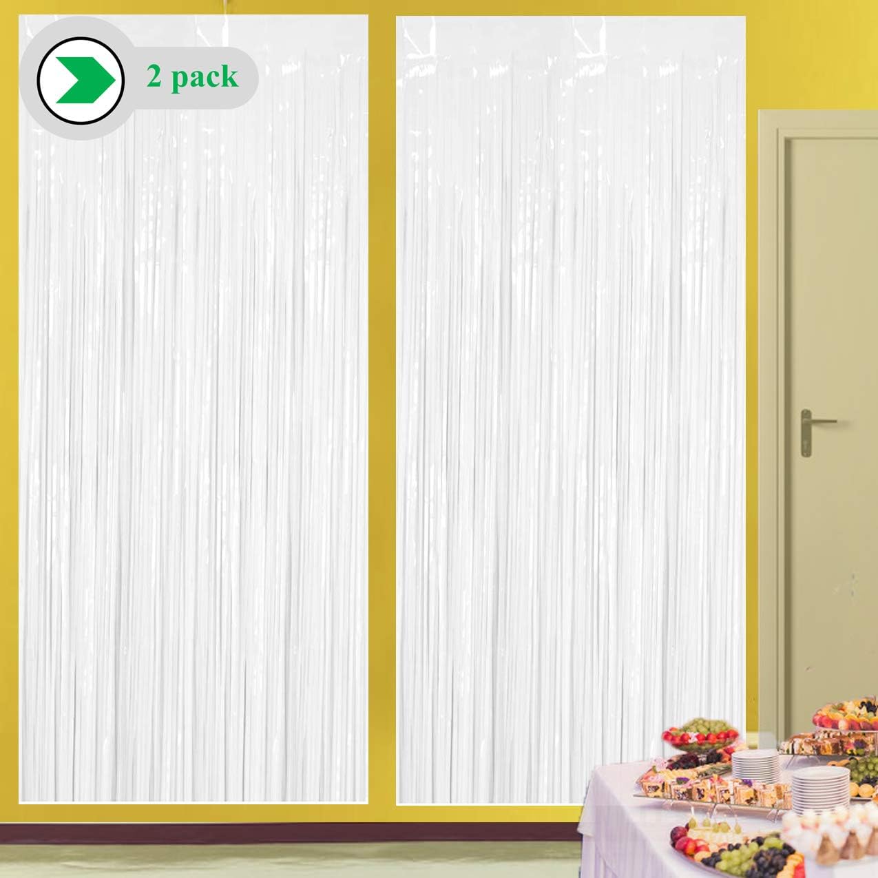 DANIRZE Metallic 3 ft. x 8 ft. White Tinsel Foil Fringe Curtains for Party Wedding Decoration (2-Pack, White)