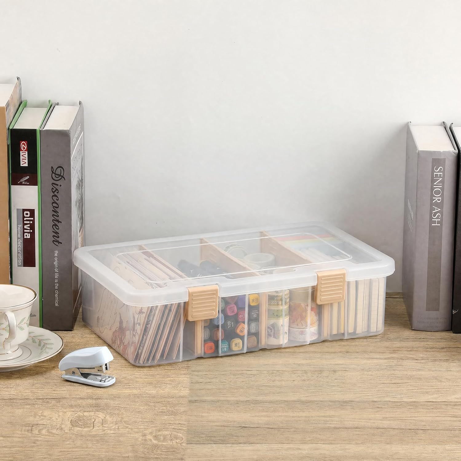 BTSKY Clear Plastic Dividing Storage Box with 4 Compartments Sewing Box