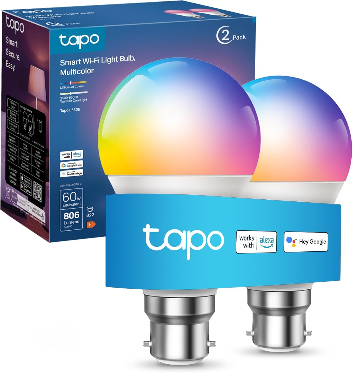 Tapo L530B (2-Pack) Smart Bulb, B22 Multicolor Alex Light Bulb, 8.7W (60W), Dimmable, Schedule & Timer, Away Mode, Energy Saving, Voice Control Alexa & Google, App Remote Control - Amazon product rated Grade A