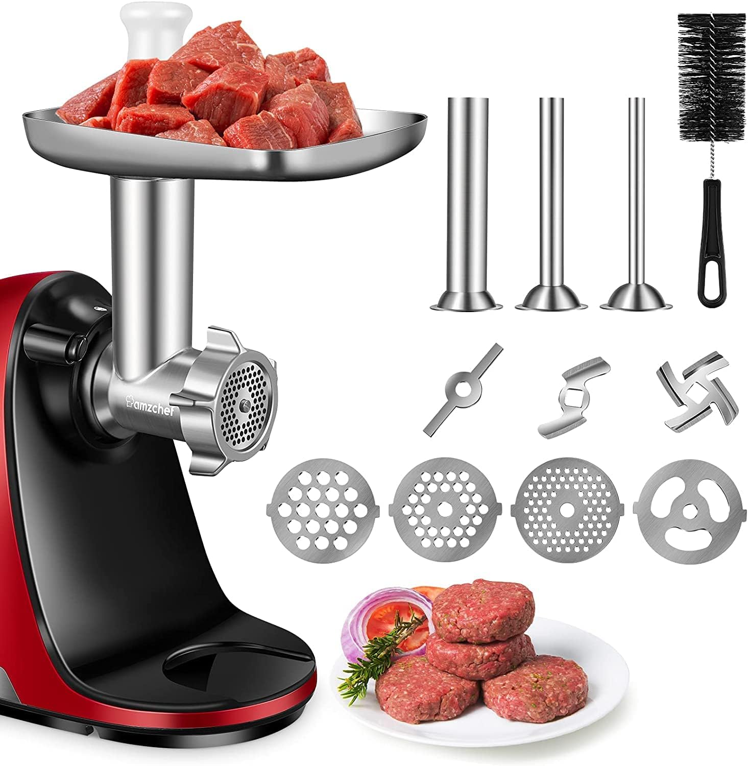 AMZCHEF Meat Grinder Accessories for Juice Extractors - Accessories for ZM1501 and GM3001-3 Sausage Stuffer Tubes, 3 Grinding Blades, 4 Grinding Plates - No Machine