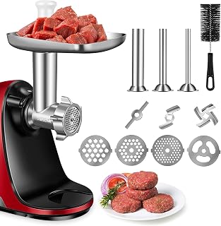 Metal Food Grinder Attachment for AMZCHEF Slow Juicer, ZM1501&GM3001-Meat Grinder Attachment Included 3 Sausage Stuffer Tubes & A Holder,4 Grinding Plates,3 Grinding Blades,Cleaning Brush