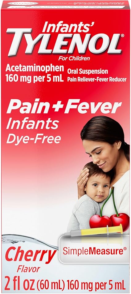 Infants' Tylenol Liquid Pain Reliever and Fever Reducer Medicine, Acetaminophen Oral Suspension for Sore Throat, Headache & Teething, Kids Fever Reducer; Dye-Free Cherry Flavor, 2 fl oz, Pack of 1