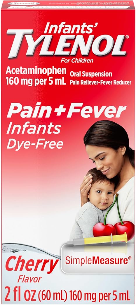 Infants' Tylenol Liquid Pain Reliever and Fever Reducer Medicine, Acetaminophen Oral Suspension for Sore Throat, Headache & Teething, Kids Fever Reducer; Dye-Free Cherry Flavor, 2 fl oz, Pack of 1