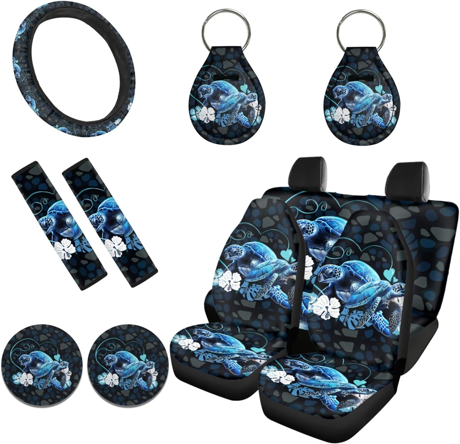 11 Pcs Blue Sea Turtle Car Accessories Set, Steering Wheel Cover Car Cup Mats Seat Belt Covers for Adults Key Chains for Car Decoration, Universal Fit for Cars Trucks SUVs