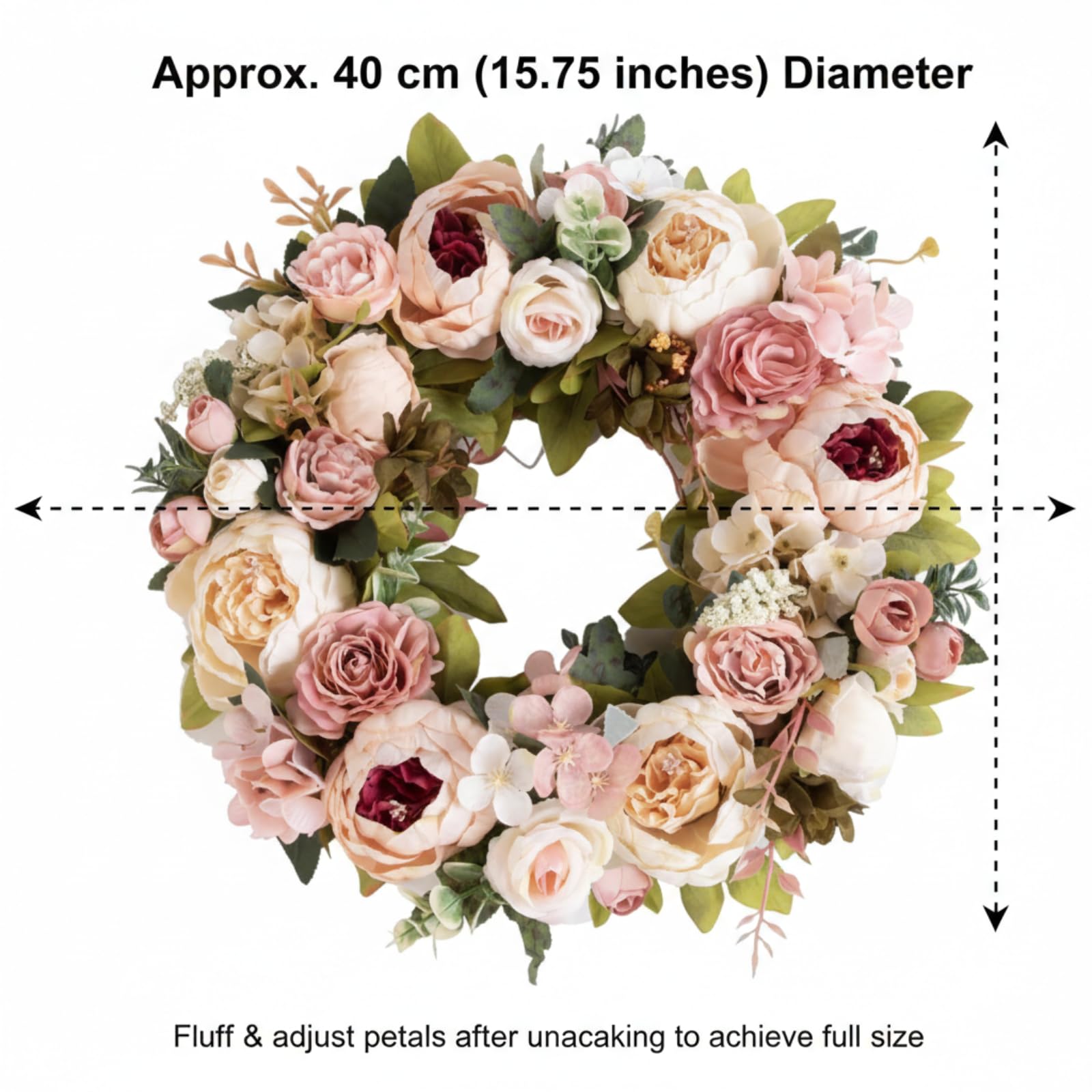 Ghirlanda Primaverile per Porta d'Ingresso 40 cm, Fiori Artificiali, Decorazione per Porta, Finestra, Matrimonio, Soggiorno