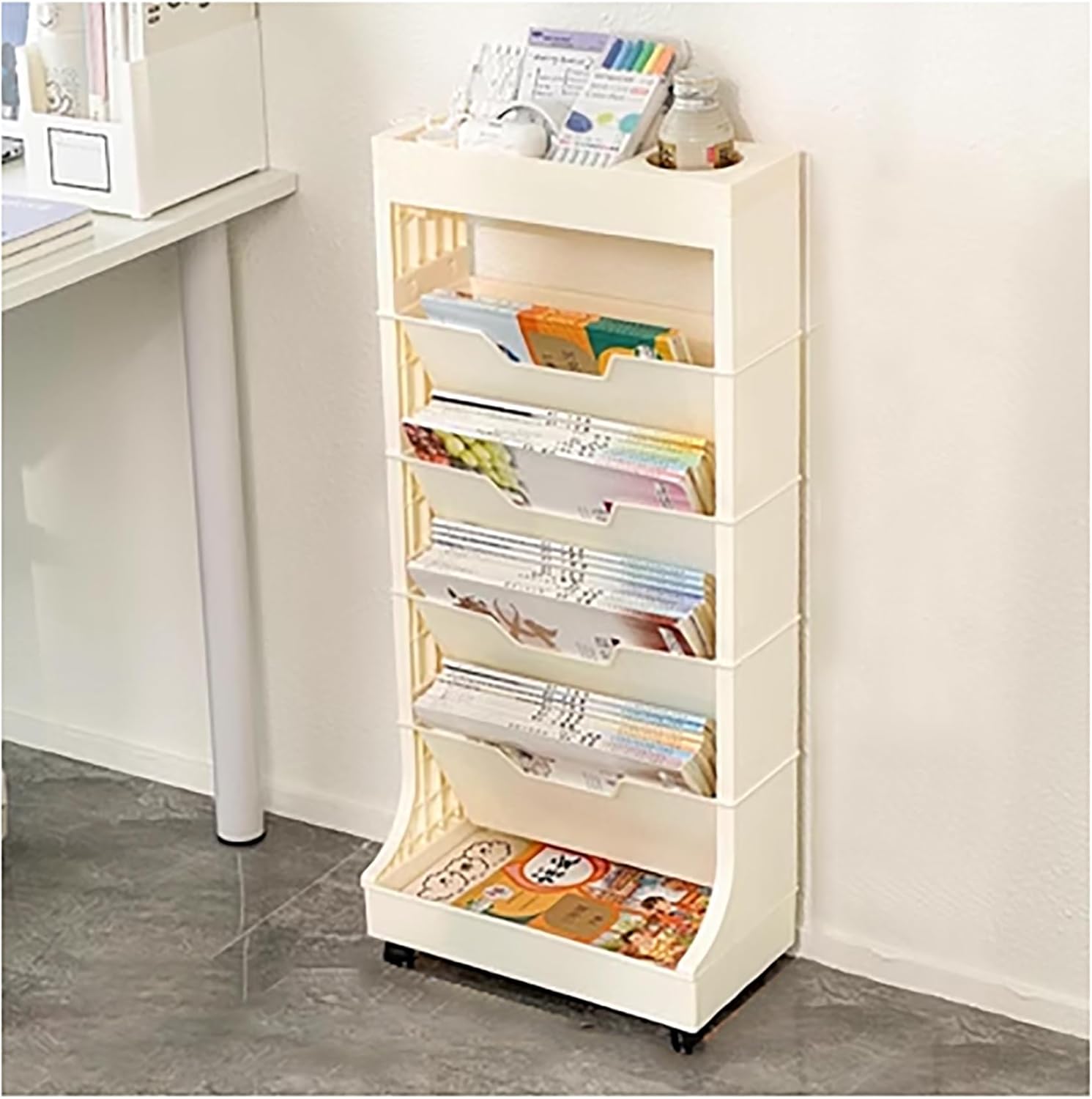 Rolling Vegetable Storage Rack - 5-Tier Mobile Book Shelf Pink - Movable Desk Side Cart for Office Dorm & Classroom - Versatile 6-Tier Cart for Easy Access