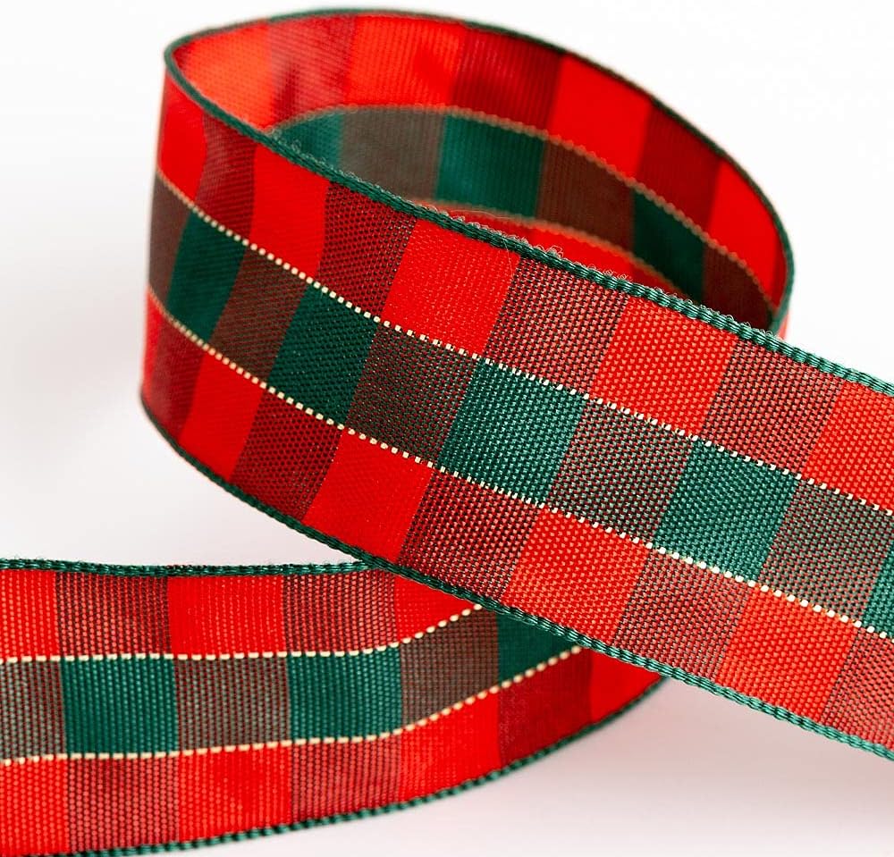 Italian Options Tartan Ribbon 25mm x 10M - Cream/Black/Red