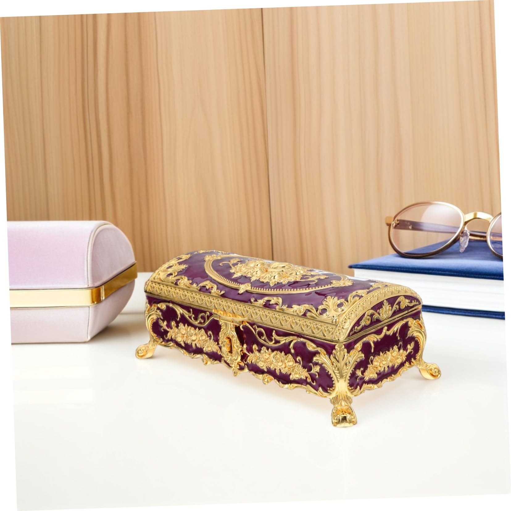 SOLUSTRE Schmuckkästchen mit Kompakter und Vielseitiger Aufbewahrung aus Legierung für Damen Vintage Elegante Violette Schmuckbox für Armbänder und Ohrringe dem Schminktisch