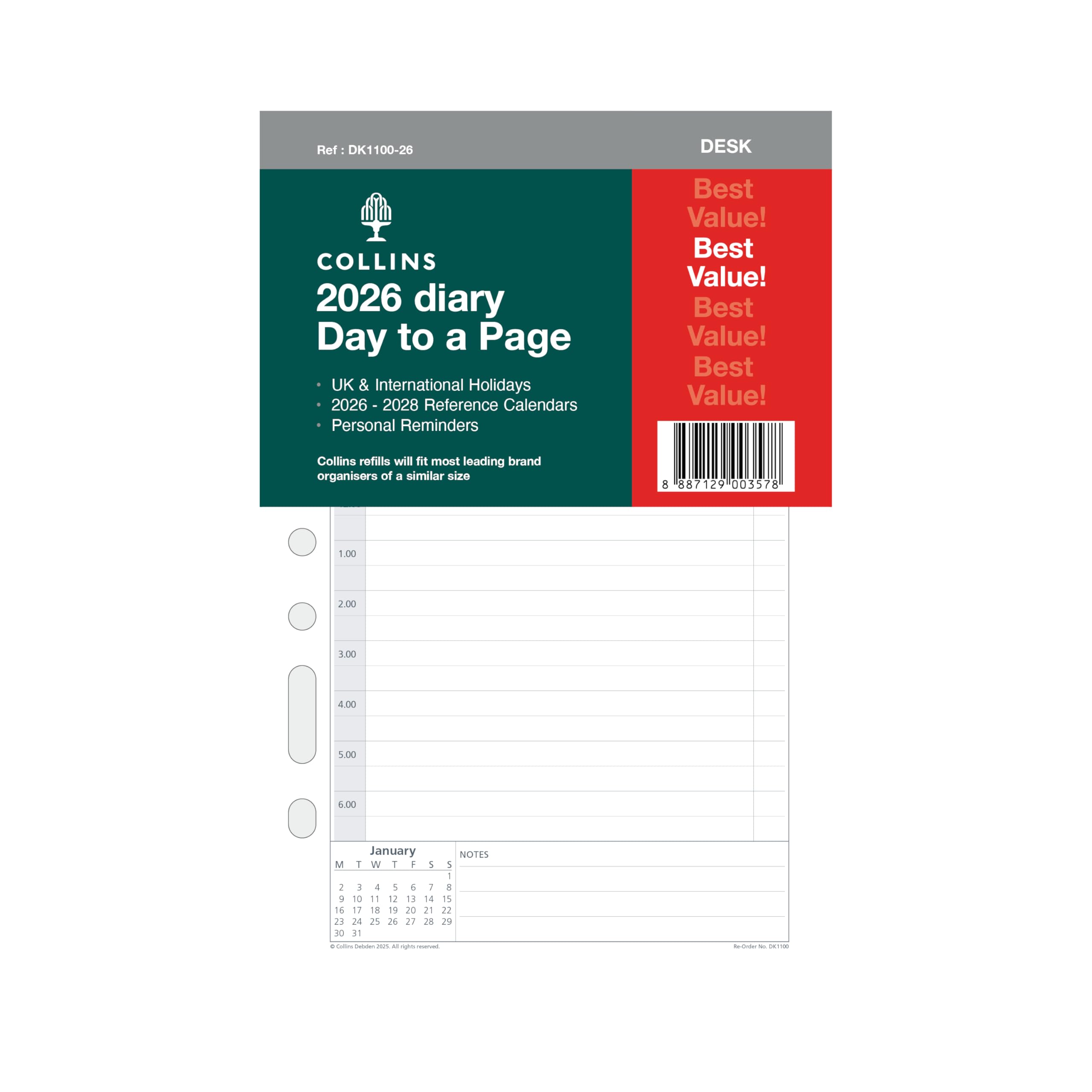 Collins - DayPlanner Refills - 2026 12 Month Calendar Year Planner, Day-To-Page with Appointments Desk Diary Refill (DK1100-26)