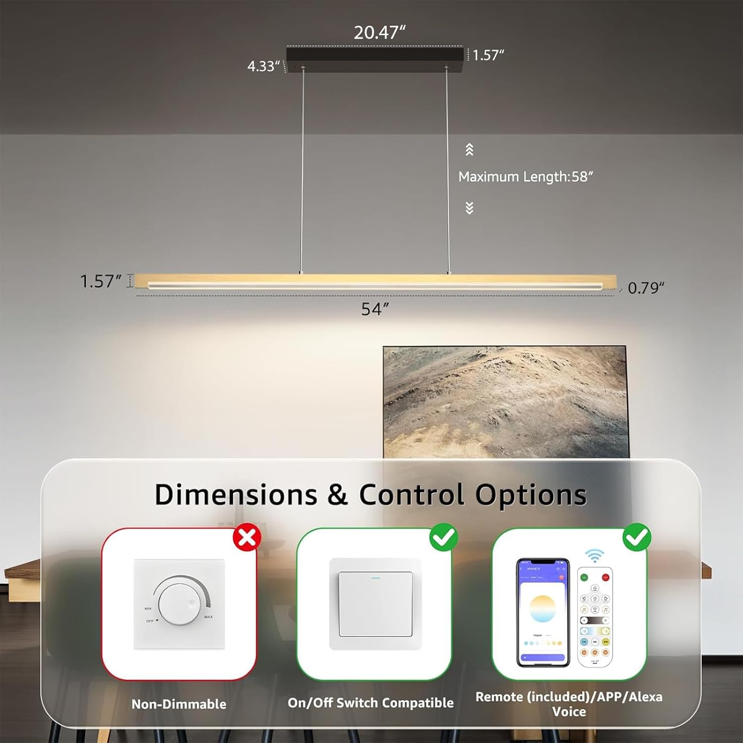 54" Pendant Light Aluminum, 40W Dimmable Kitchen Island Lighting with Remote Control, Adjustable CCT (3000K-6000K), 4000LM Modern Chandelier for Home Office Dining Room Study