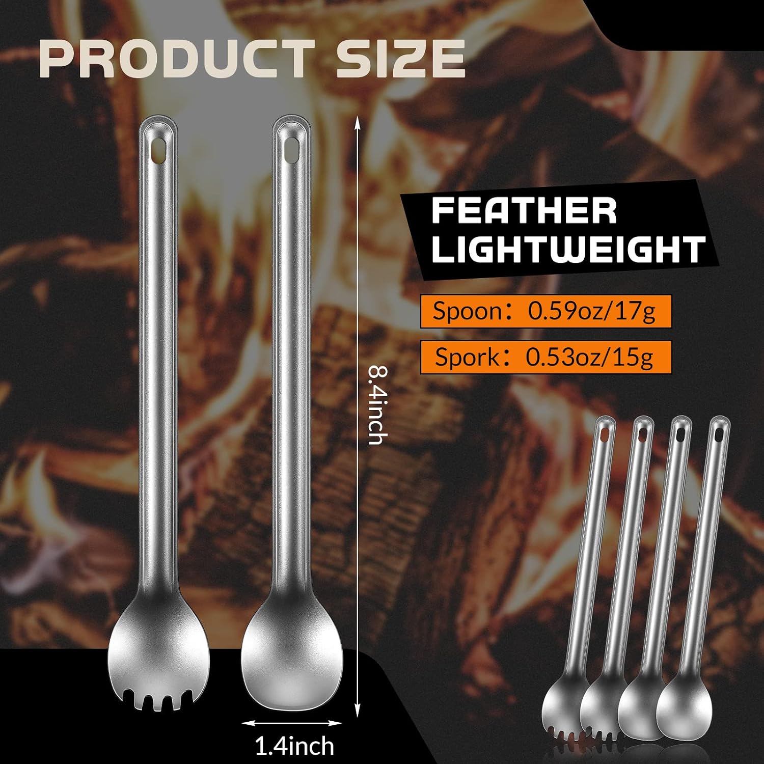 Minatee 4 Pieces Titanium Long Handle Spork and Spoon 8.4 Inch Ultralight Portable Flatware Lightweight Soup Spoon Camping Spork Utensil for Outdoor Camping Backpacking Hiking Travel Picnic (Silver)