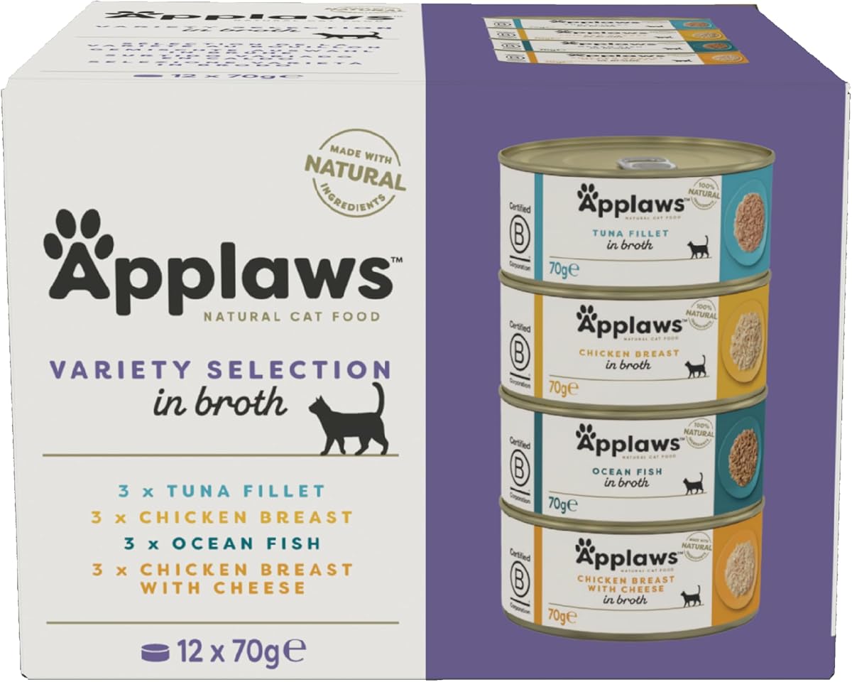 Applaws 100% Natural Comida Húmeda para Gatos Adultos en Caldo - Selección Mixta de Atún, Pollo y Pescado del Océano en Caldo - Paquete de 12 latas de 70g