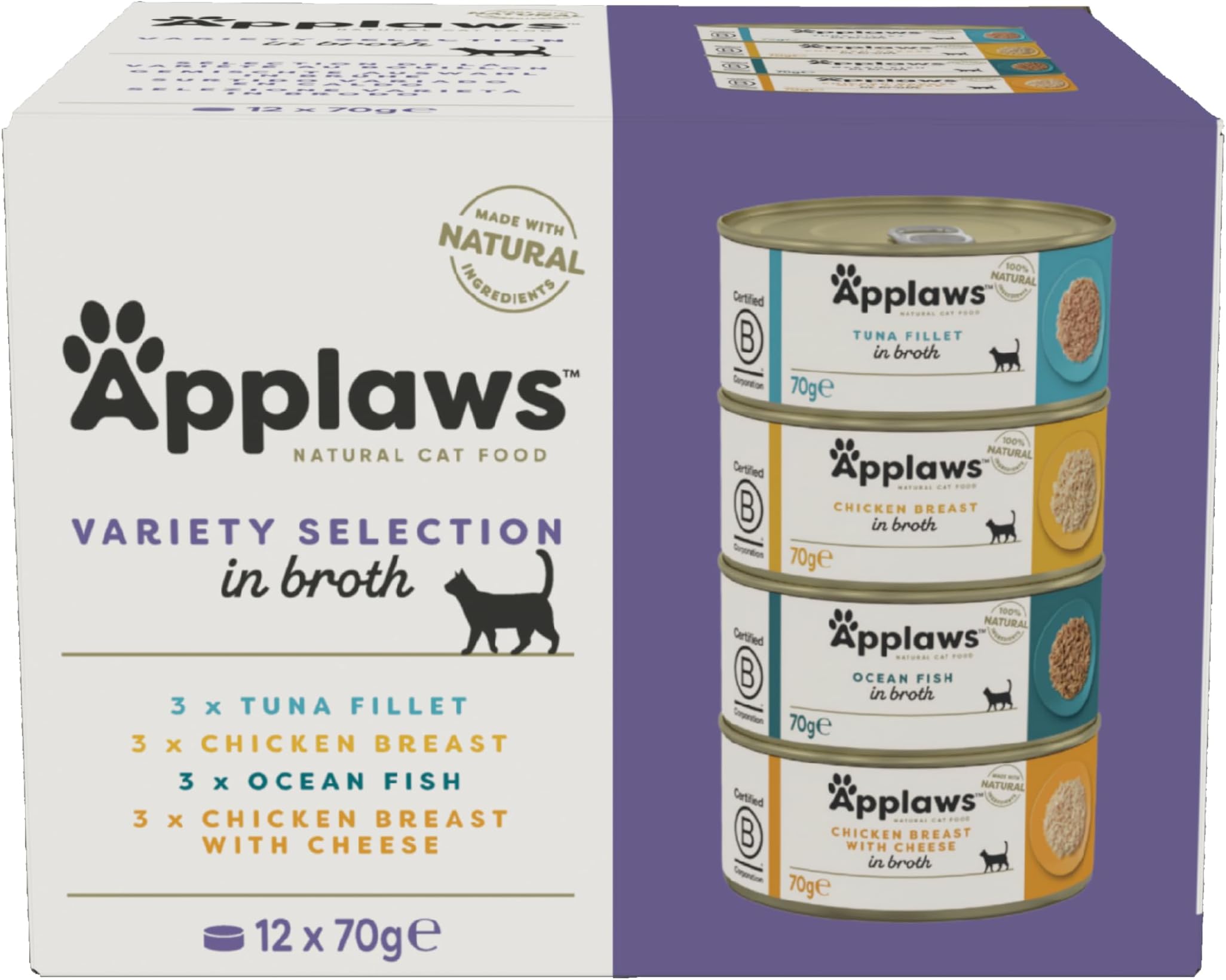Applaws 100% Natural Adult Wet Cat Food, 12x70g Tins, Multipack Fish and Chicken Mixed Selection in Broth 70g Can