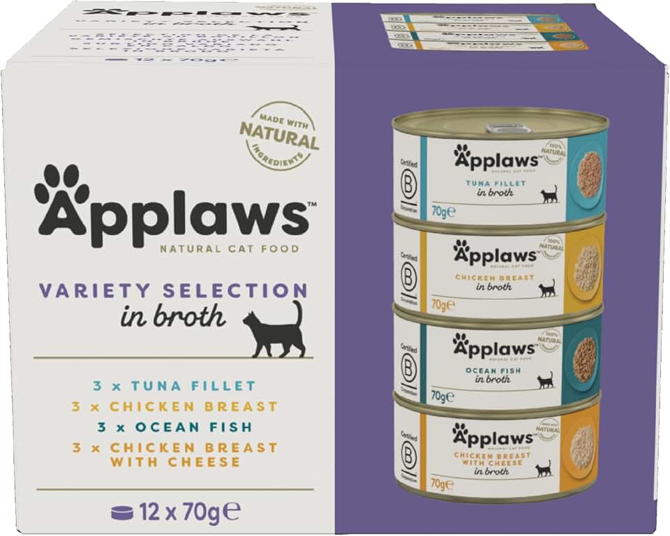 Applaws 100% Natural Comida Húmeda Gatos en Caldo, Atún, Pollo y Pescado, 12 latas de 70g