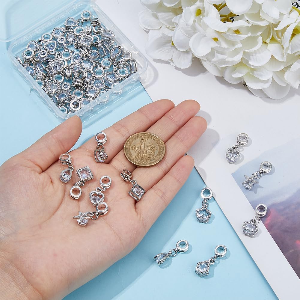 48pcs 6 Styles Alloy Pave Clear Cubic Zirconia European Dangle Charms, Large Hole Pendant with Tibetan Style Antique Silver Plated Alloy Hangers - Image 3
