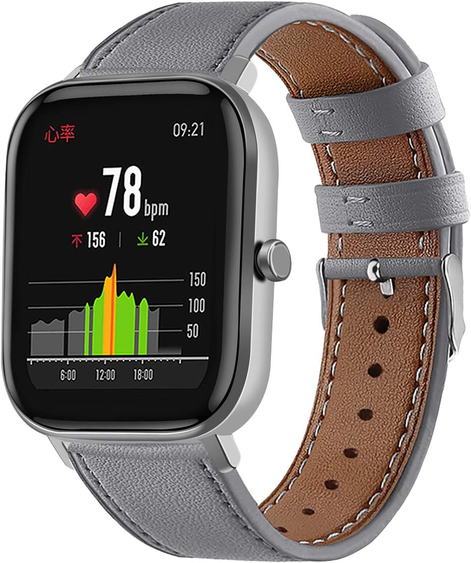 Leather WatchBand Compatible with Amazfit Active 2 Square/GTS 4 4mini 3 2 2e 2 mini &GTR 42mm & Bip 3/Bip 3 Pro/Bip U Pro/Bip/Bip Lite/Bip S/Bip S lite Smart Watch Genuine Leather Replacement 20MM Sport Wrist Strap Bracelet with Stainless Metal Buckle