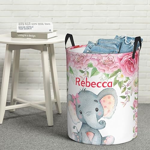 Miniatura 6 de Cesta de almacenamiento personalizada con nombre de elefante rosa rosa con asas para decoración de dormitorio, regalo