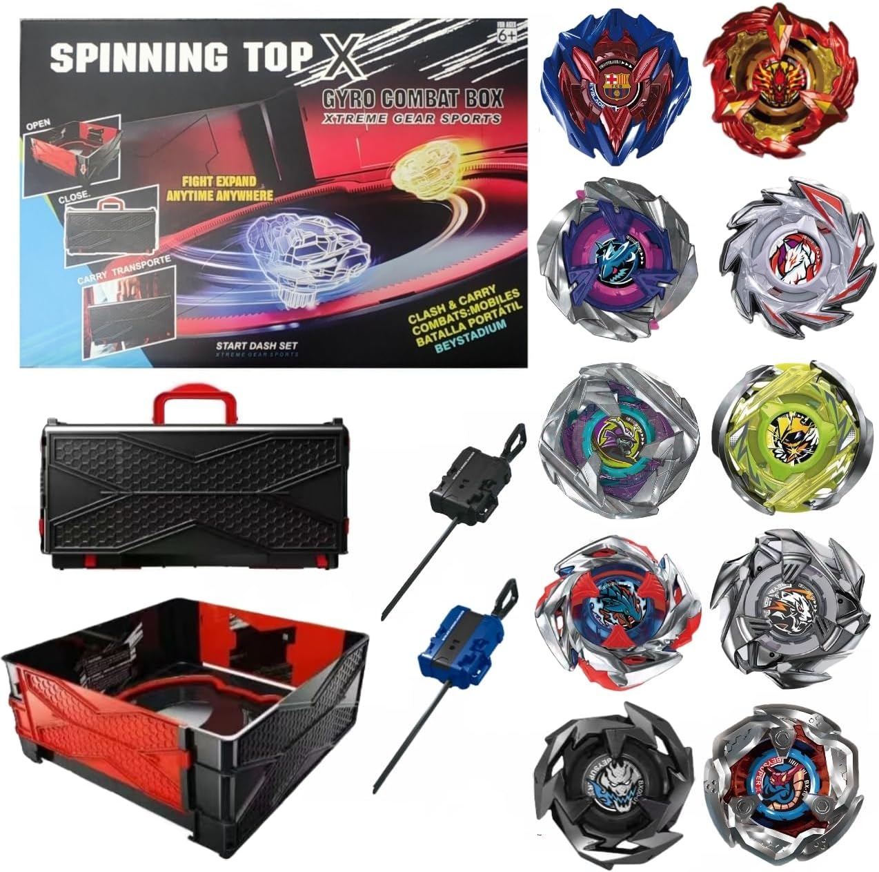 Burst Gyro All in One Portable Battle Arena Set, 4 Metal Fusion Attack Spinning Tops with 2 Two-Way Launchers & 2 Handles, Gyro Blade Battling Game Toy Gift for Kids Boys Ages 6 7 8 9 10+ (CX01-10)