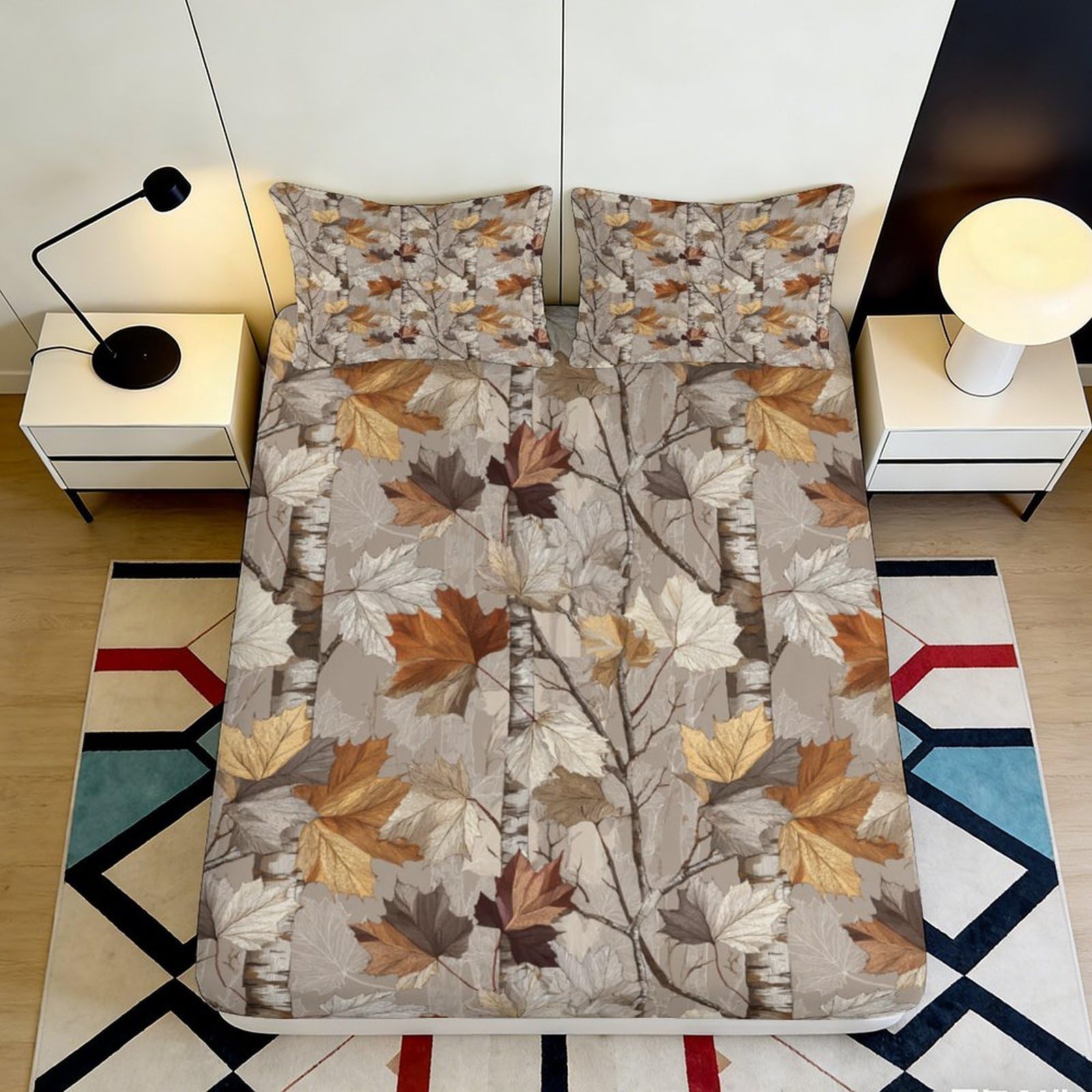 3D Printed Autumn Leaves Fitted Sheet Microfiber Soft Brown Beige Maple Branch Bed Cover for Bedroom Guestroom Easy Care 90x200x25cm
