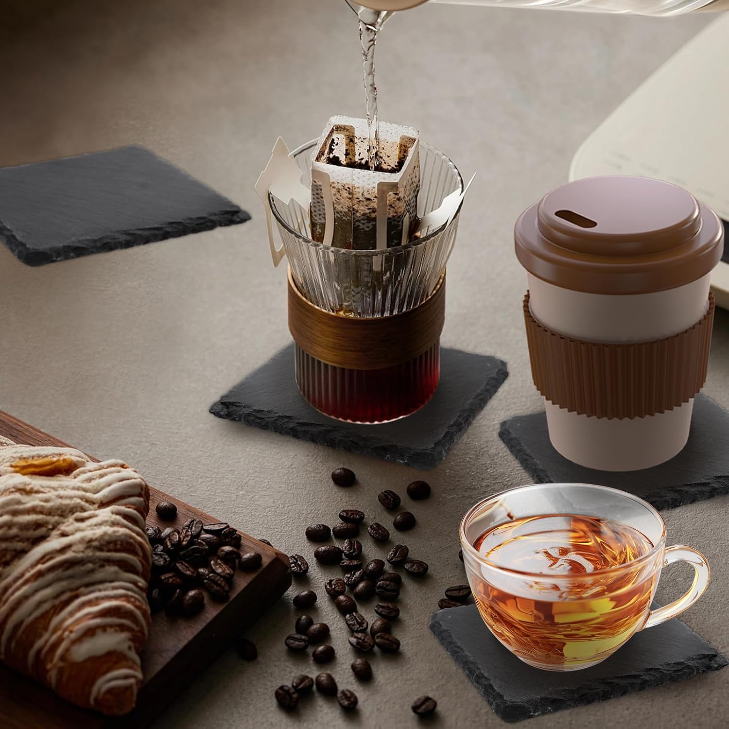 GeeRic 4 Pcs Slate Bar Coasters, Slate Drink Coaster Set, Stone Beermat Beverage Coaster 4” Non Slip Coasters Square