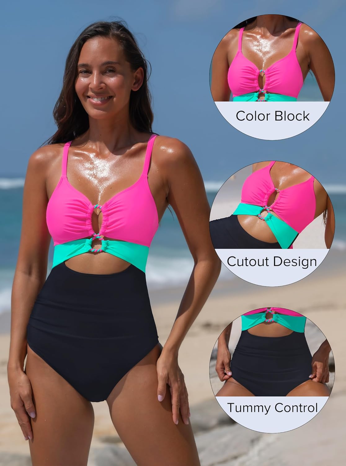 popvil One Piece Swimsuit for Women 2025 Sexy Neon Swim Suits Cut Out Tummy Control Bathing Suit Braid Color Block Swimwear - Image 8