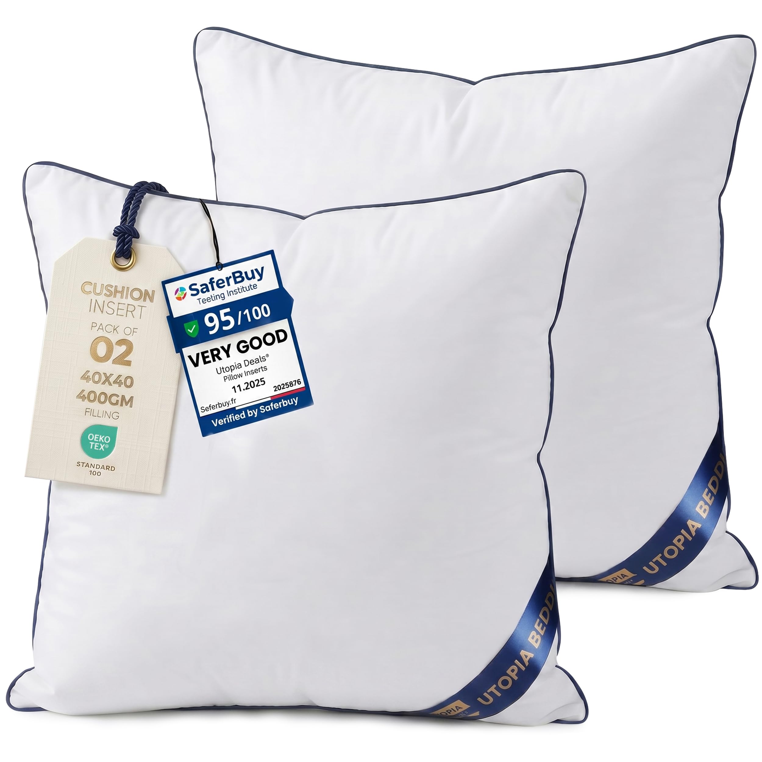 Utopia Bedding Cushion Inner Pads (Pack of 2), 40x40 cm (16 x 16 inches) Cushion Stuffer Inserts, Hollowfibre Piping Pillows (White)