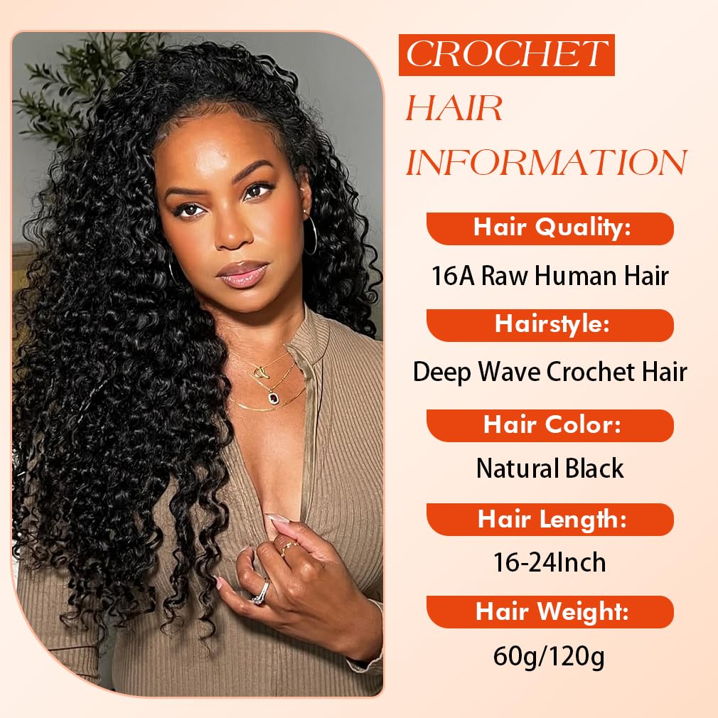Feather Crochet Human Hair Deep Wave Knotless Invisible Pre-Separated Human Crochet Raw Hair 18 Inch 60g Lightweight Reusable 16A Brazilian Virgin Hair Natural Black Color for Women