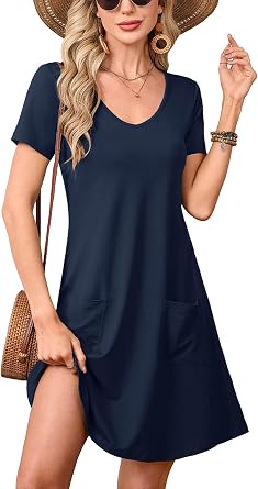 Heymoments Summer Dresses for Women Short Sleeve V Neck Swing Sundress Casual A-Line Flowy Dress with Pockets S-2XL
