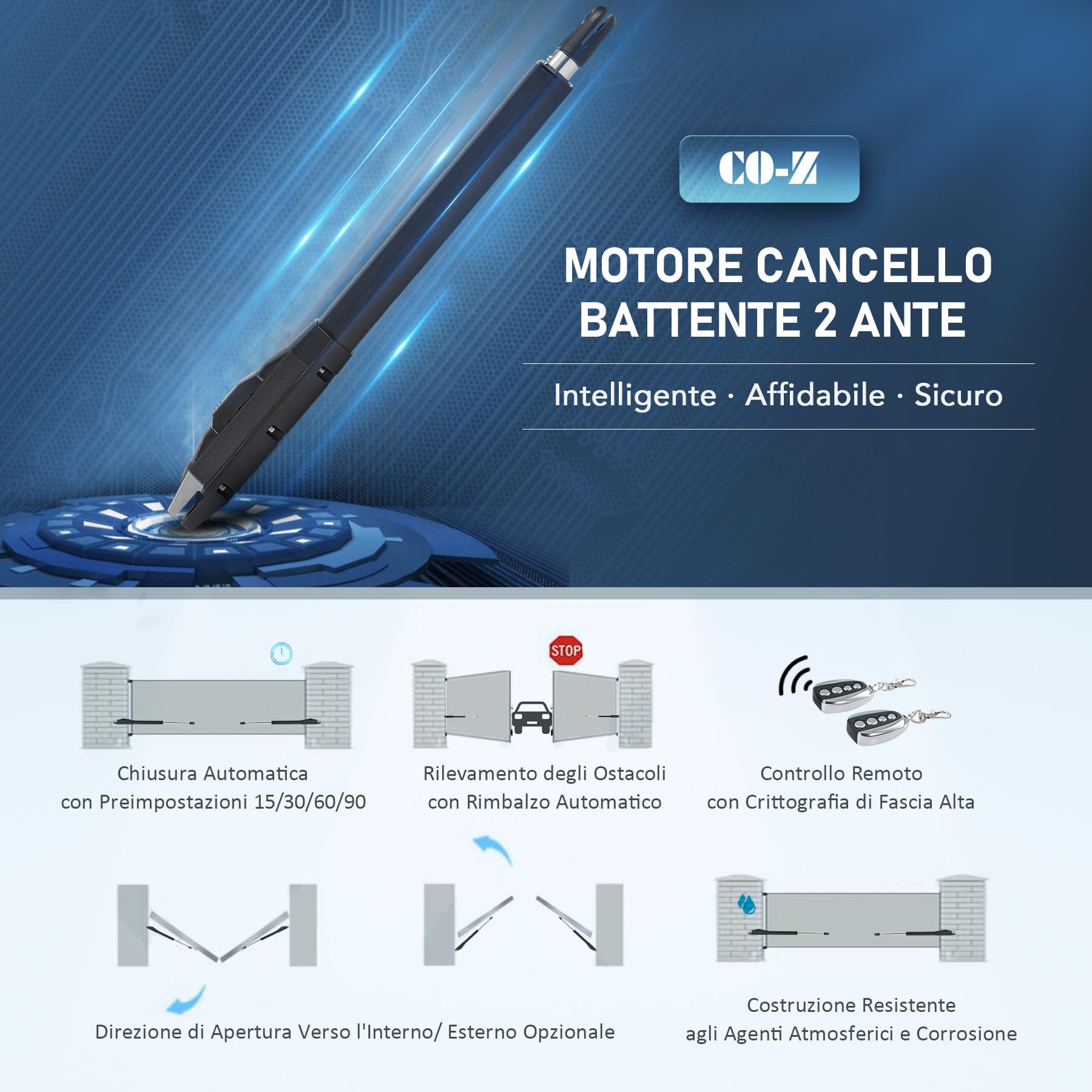 CO-Z Motore Cancello Battente 2 Ante 80W Automazione Cancello Battente con 2 Telecomandi per Porte Fino 800kg 6m Cancello Automatico Battente Compatibile con Batteria Solare