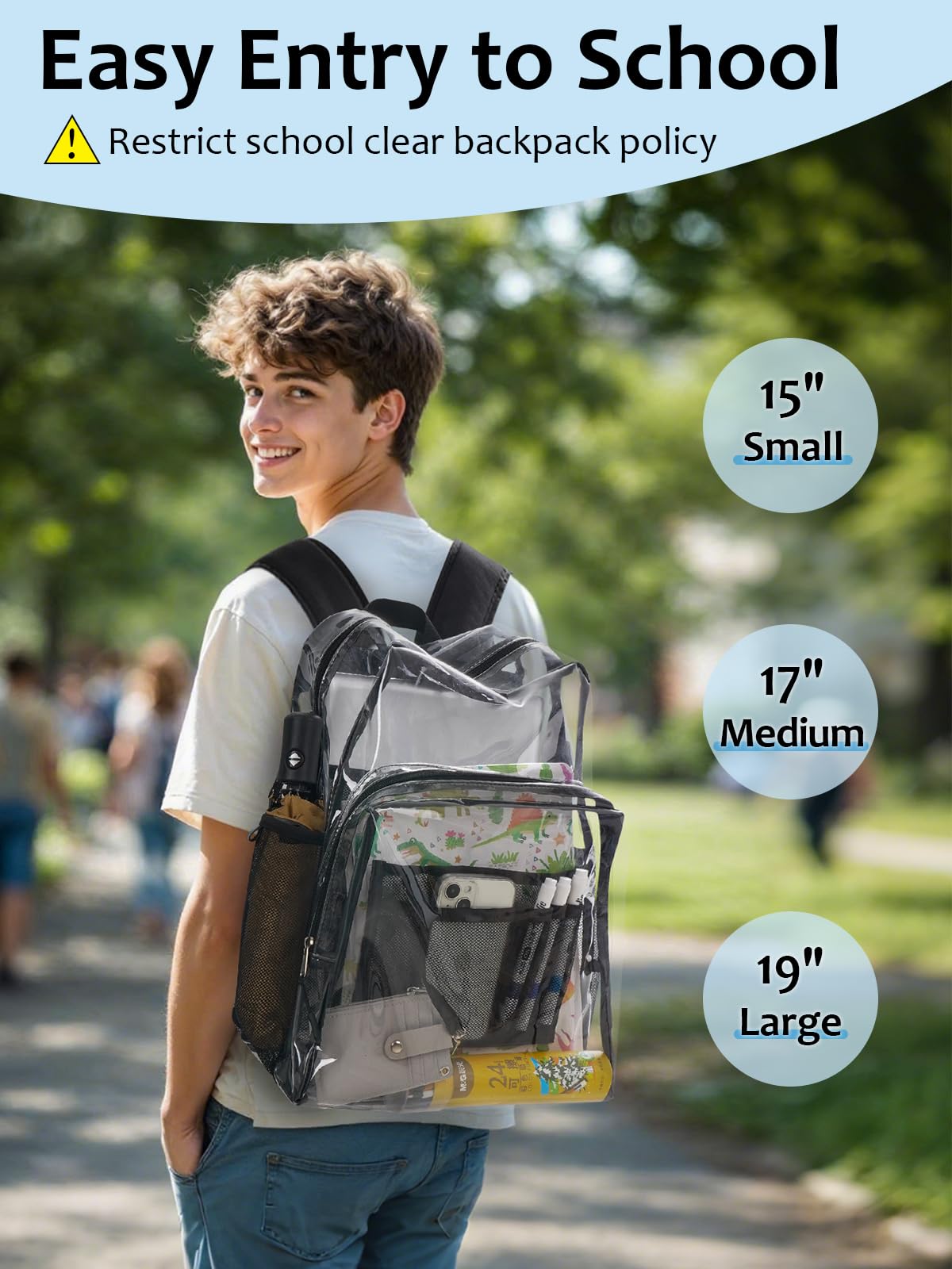 Zaino trasparente per la scuola, 17 pollici grande resistente TPU trasparente Bookbag per ragazzi ragazze adulti per college casual, nero, Large, Trasparente