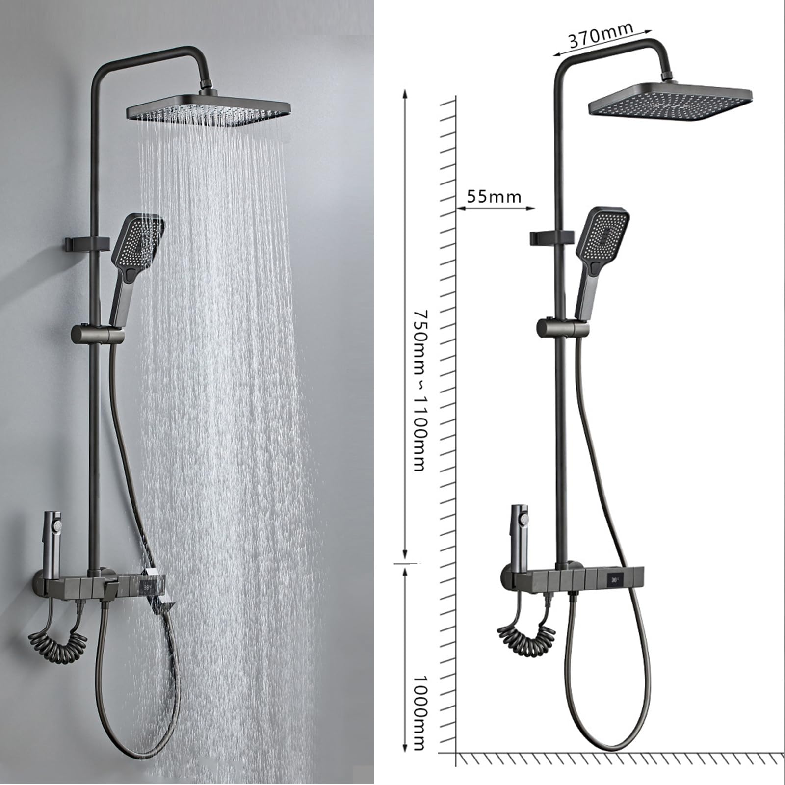 Set Rubinetto Doccia Gun Grey, Sistema Doccia con Display Digitale, Colonna Doccia A 4 Funzioni con Soffione A Pioggia da 30 * 20 Cm E Doccia Portatile A 3 modalità, Pistola A Spruzzo