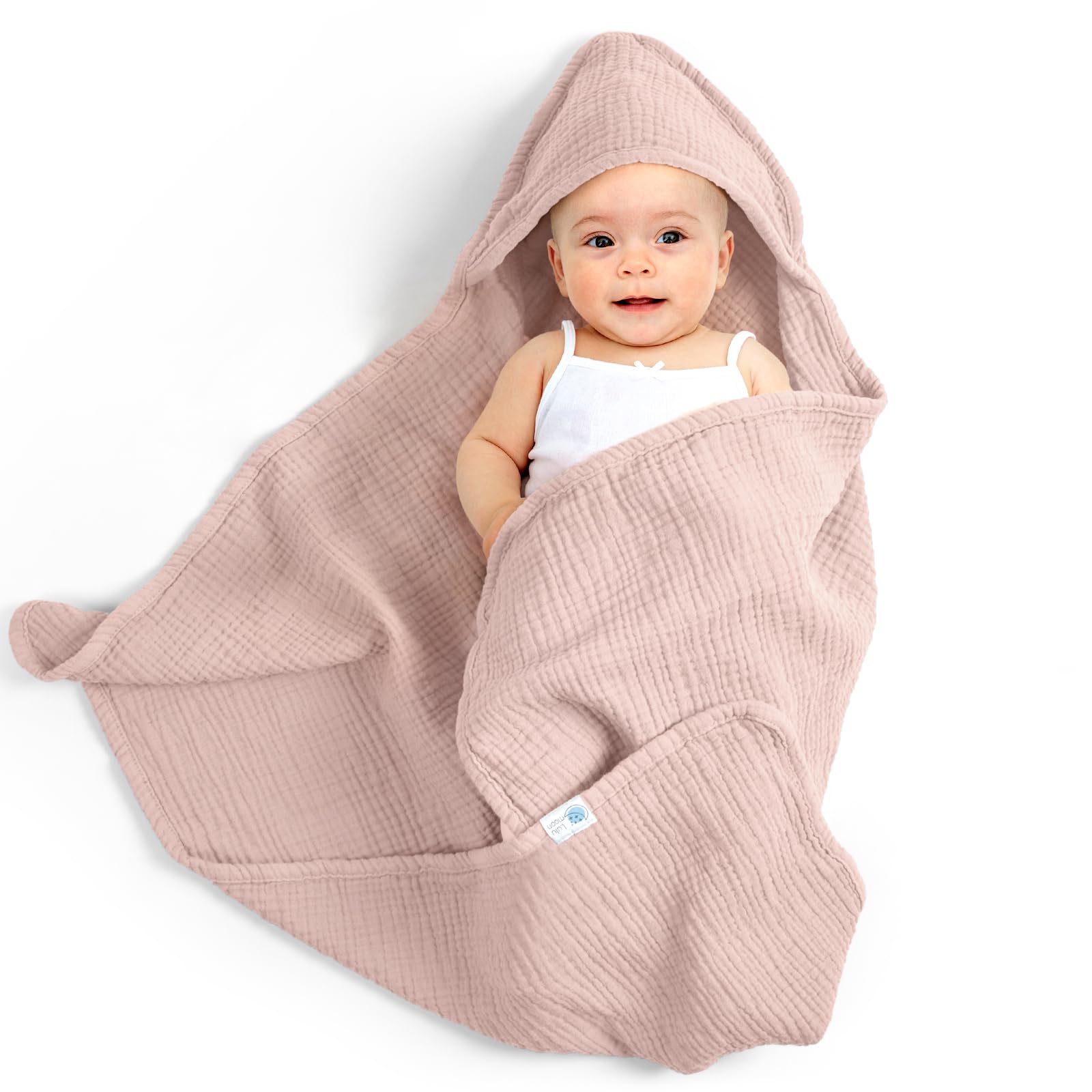 lulumoon Baby Handtuch Kapuze für Badezimmer: Kapuzenhandtuch aus Musselin Baumwolle 75x76cm - Oeko-Tex, extra weich saugfähig für Wärme nach Baden Eincremen - für Babys 0-18 Monate (Sand)