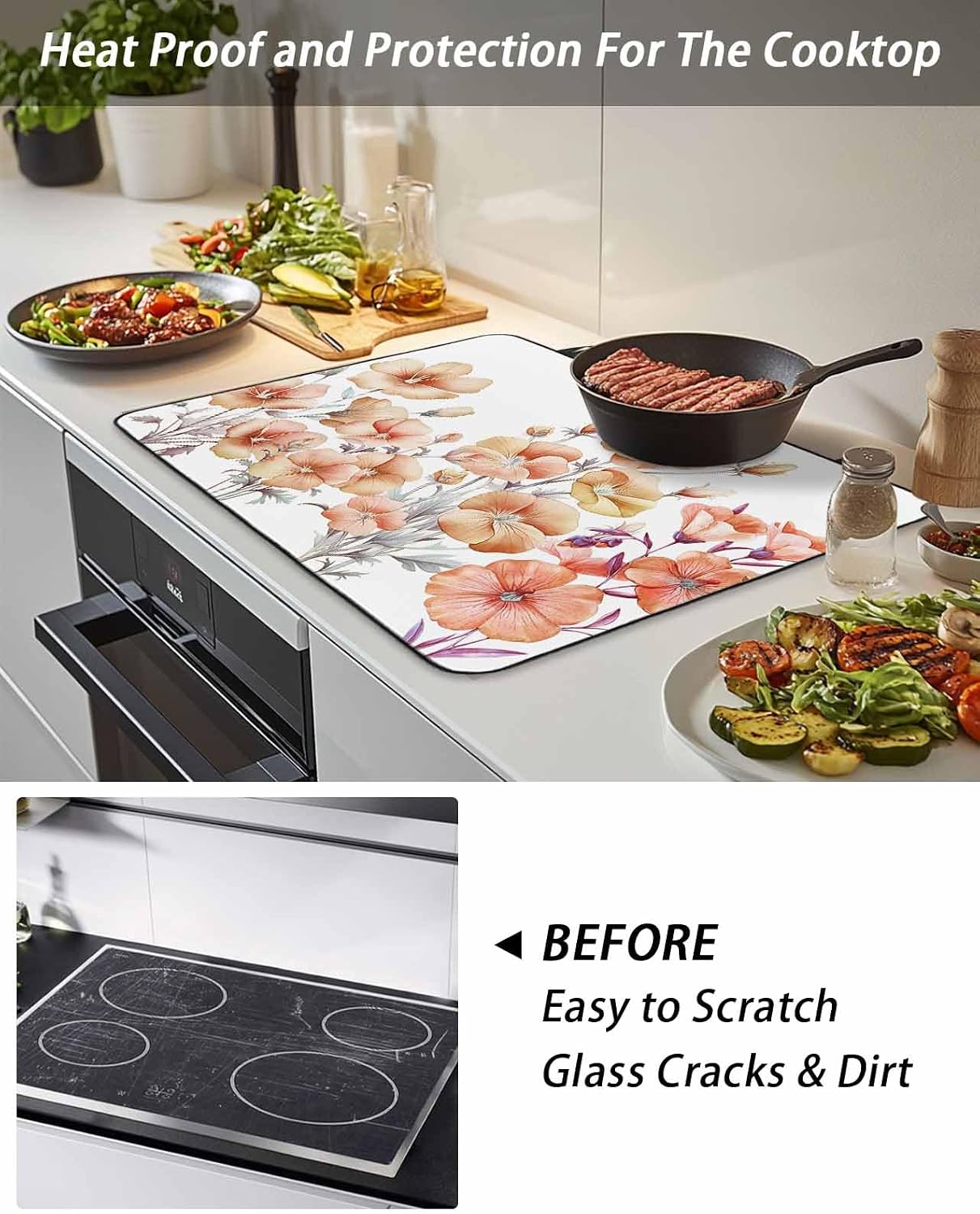 Stove Cover for Electric Stove 24x21 Inch Orange Morning Glory Flower Stove Top Cover Floral Branch Leaves Glass Cooktop Covers Anti-Slip & Heat Resistant Countertop Protector Home Decor