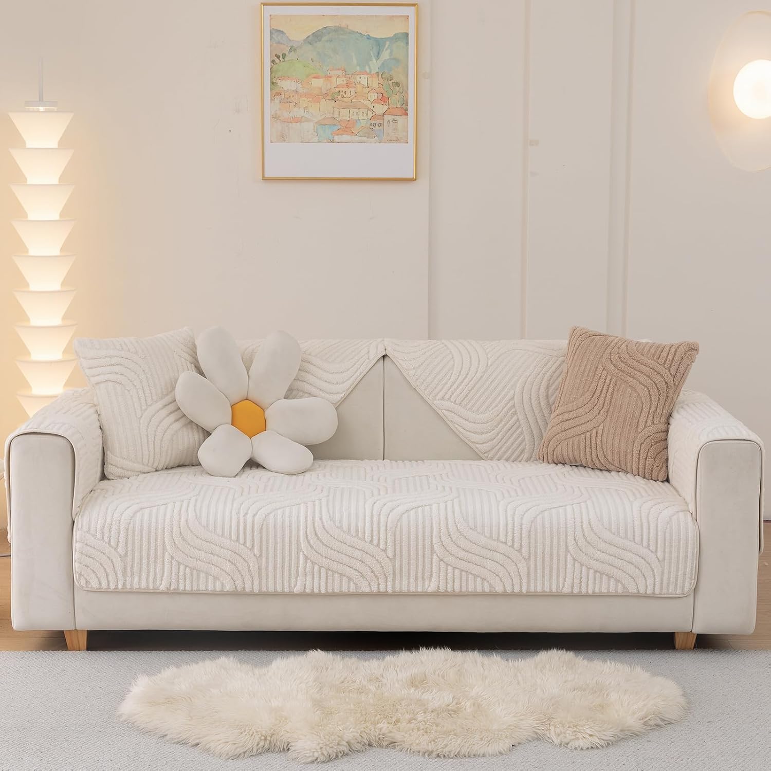 Solid Soft Couch Cover Washable, Non Slip Plush Sectional Sofa Covers for 3 Cushion Couch Sofa L Sharped Sofa Slipcover, Furniture Protector for Pets (1 PCS 36"x70" White)
